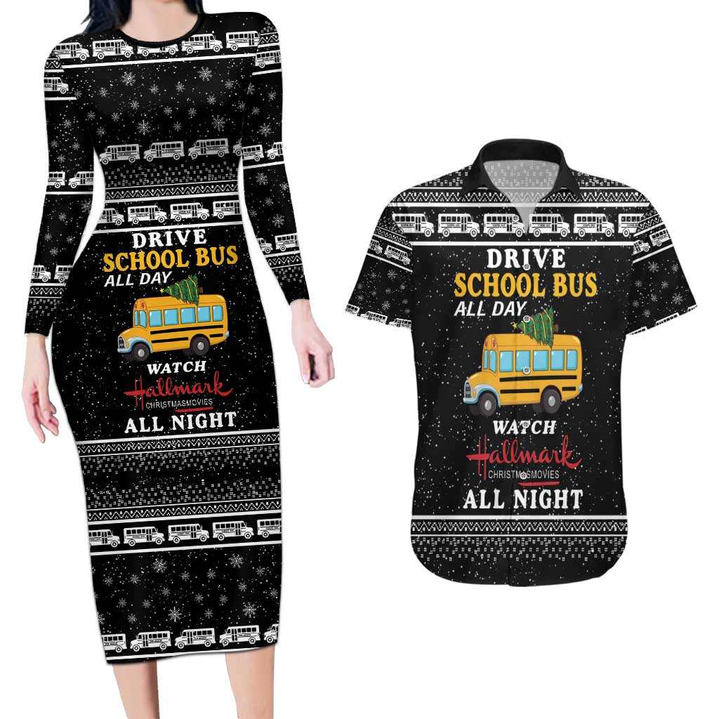 Drive School Bus All Day Couples Matching Long Sleeve Bodycon Dress and Hawaiian Shirt Watch Hallmark Christmas Movies All Night DT04 - Wonder Print Shop
