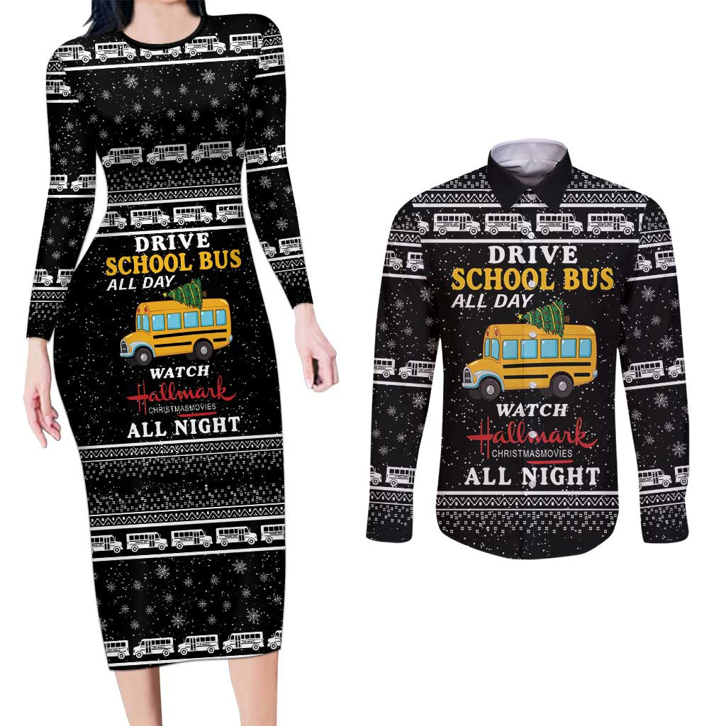 Drive School Bus All Day Couples Matching Long Sleeve Bodycon Dress and Long Sleeve Button Shirt Watch Hallmark Christmas Movies All Night DT04 - Wonder Print Shop