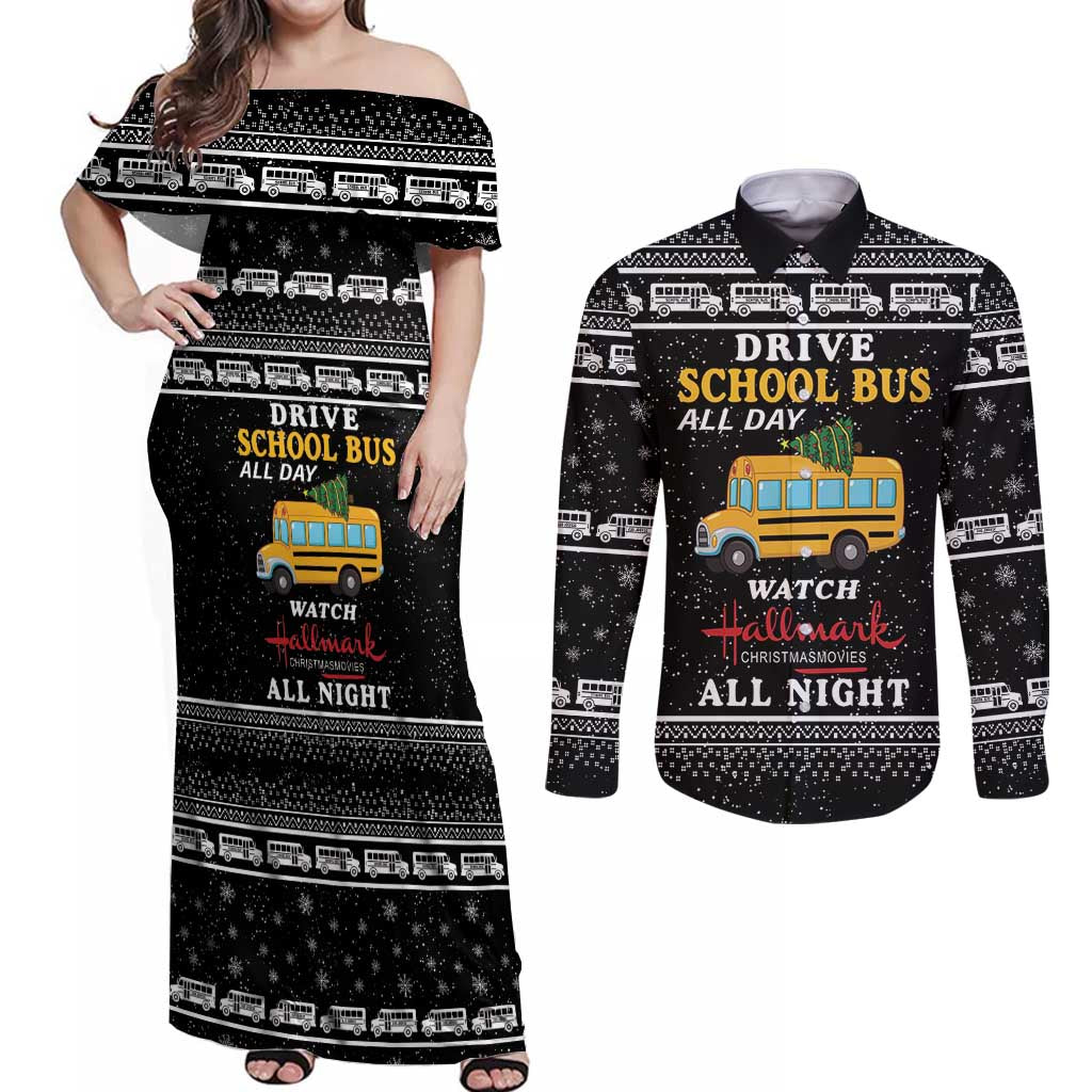 Drive School Bus All Day Couples Matching Off Shoulder Maxi Dress and Long Sleeve Button Shirt Watch Hallmark Christmas Movies All Night DT04 - Wonder Print Shop