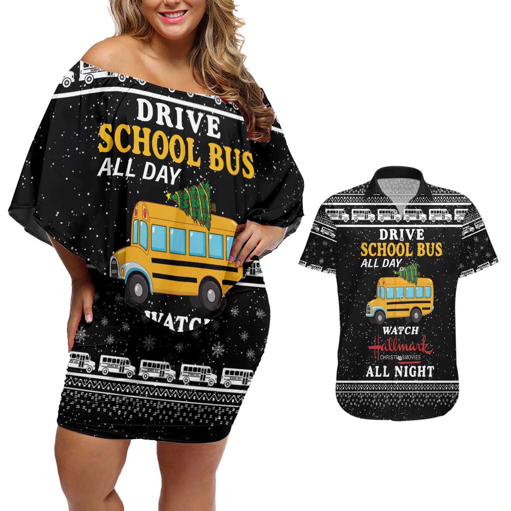 Drive School Bus All Day Couples Matching Off Shoulder Short Dress and Hawaiian Shirt Watch Hallmark Christmas Movies All Night DT04 - Wonder Print Shop