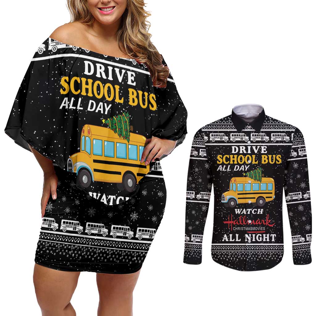 Drive School Bus All Day Couples Matching Off Shoulder Short Dress and Long Sleeve Button Shirt Watch Hallmark Christmas Movies All Night DT04 - Wonder Print Shop