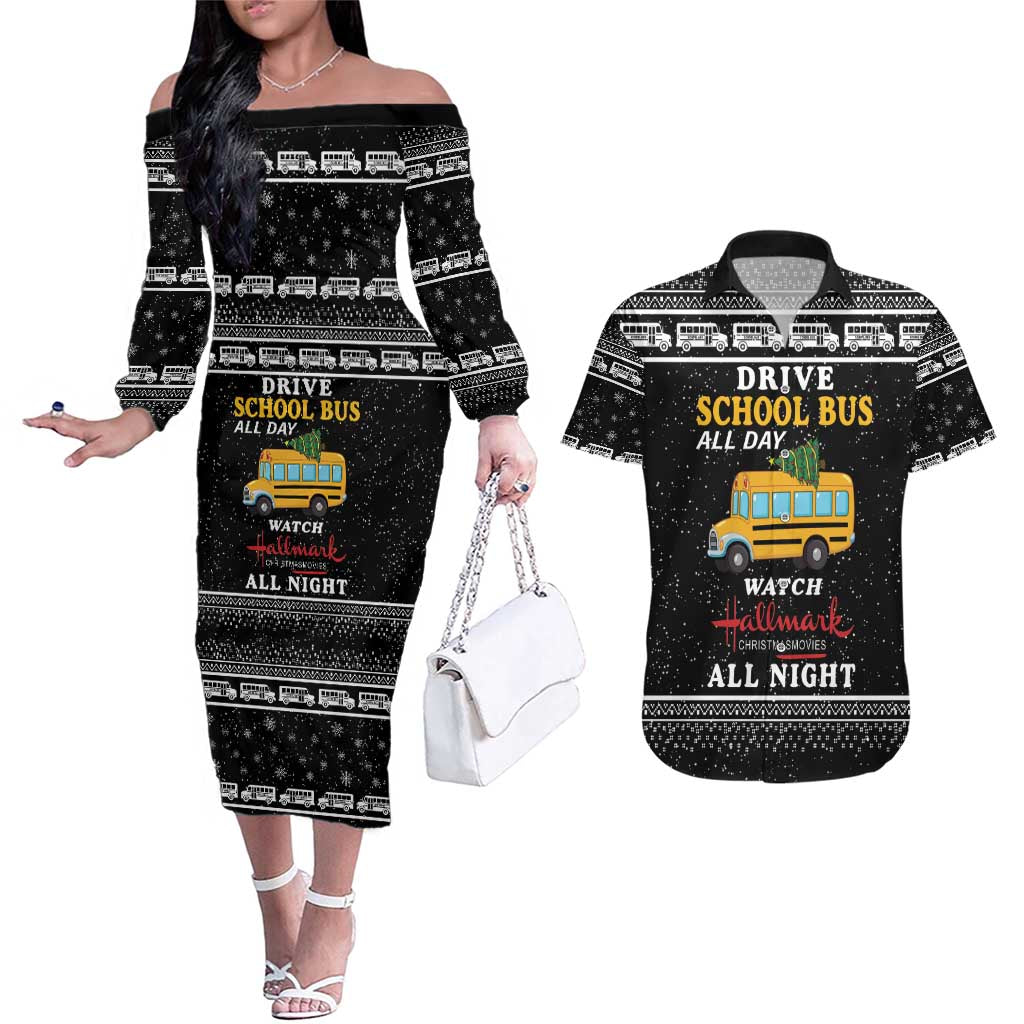 Drive School Bus All Day Couples Matching Off The Shoulder Long Sleeve Dress and Hawaiian Shirt Watch Hallmark Christmas Movies All Night DT04 - Wonder Print Shop