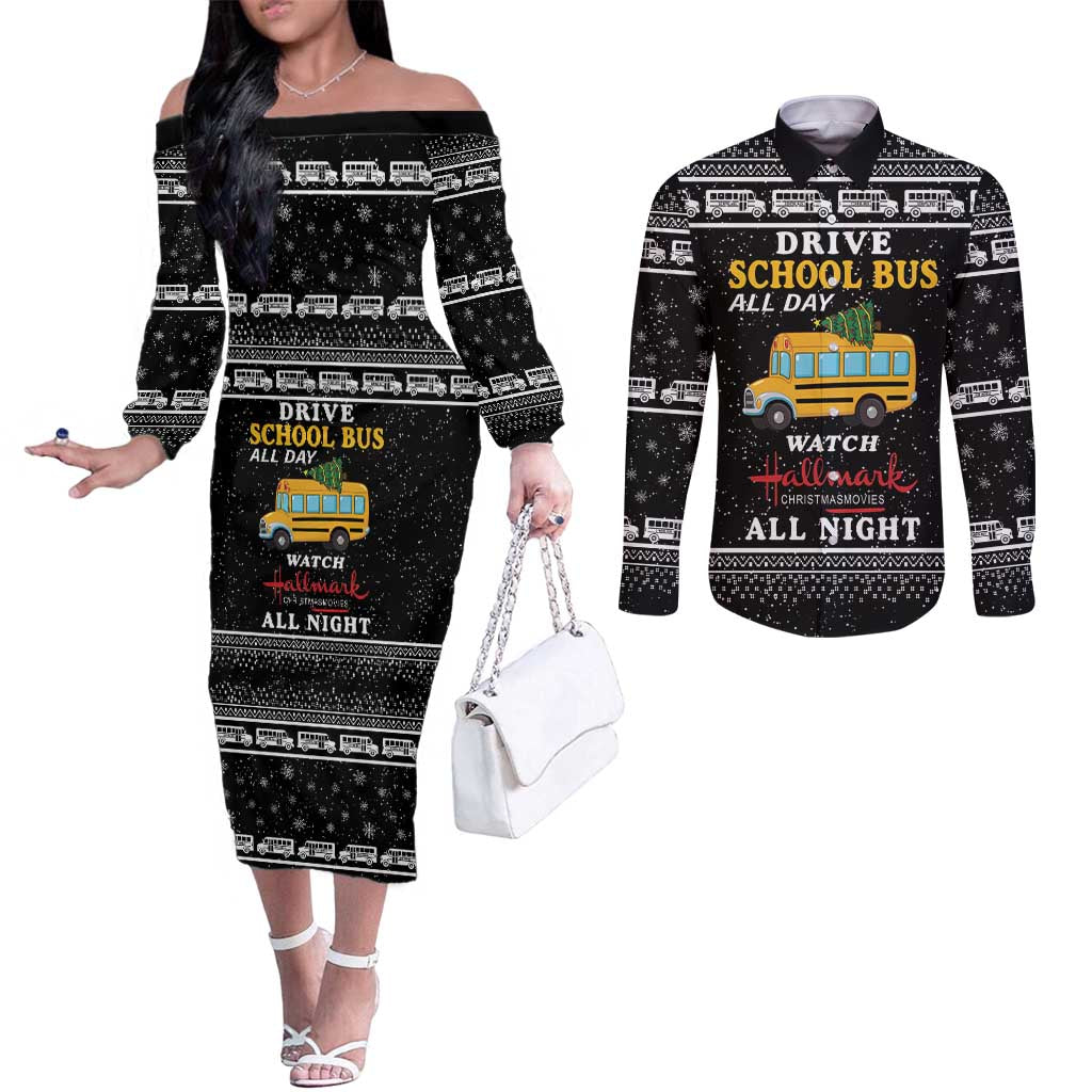 Drive School Bus All Day Couples Matching Off The Shoulder Long Sleeve Dress and Long Sleeve Button Shirt Watch Hallmark Christmas Movies All Night