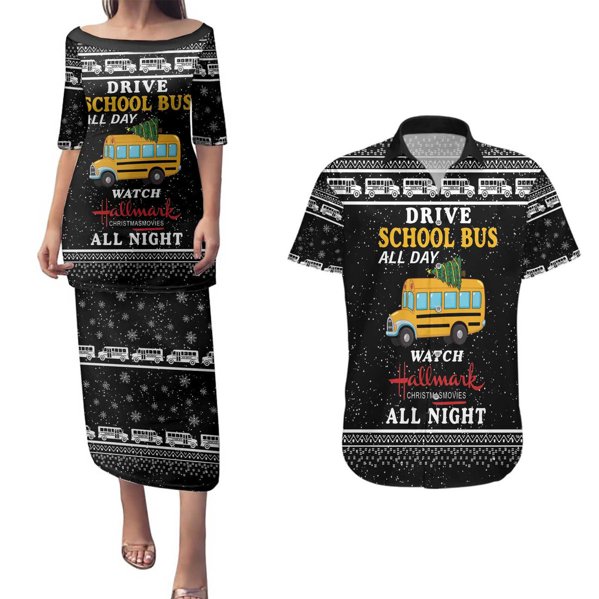 Drive School Bus All Day Couples Matching Puletasi and Hawaiian Shirt Watch Hallmark Christmas Movies All Night DT04 - Wonder Print Shop