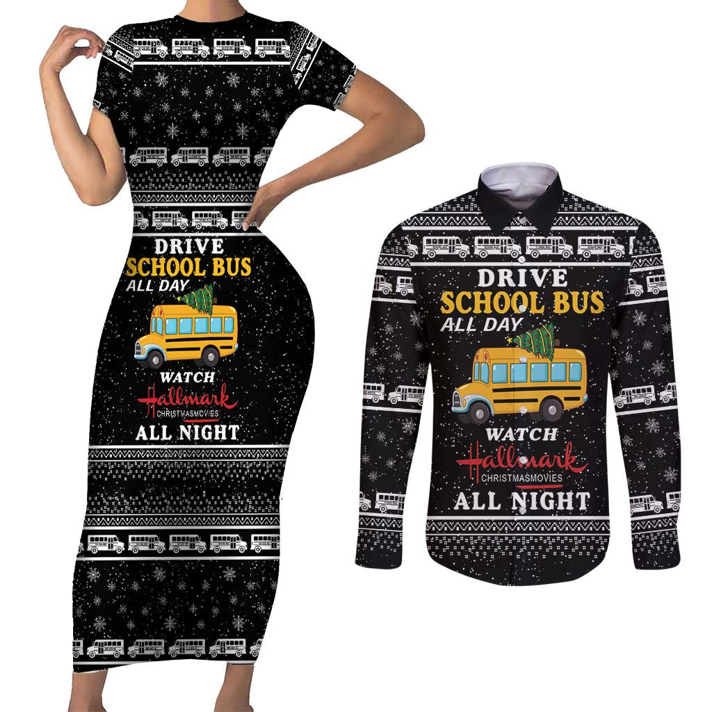 Drive School Bus All Day Couples Matching Short Sleeve Bodycon Dress and Long Sleeve Button Shirt Watch Hallmark Christmas Movies All Night DT04 - Wonder Print Shop