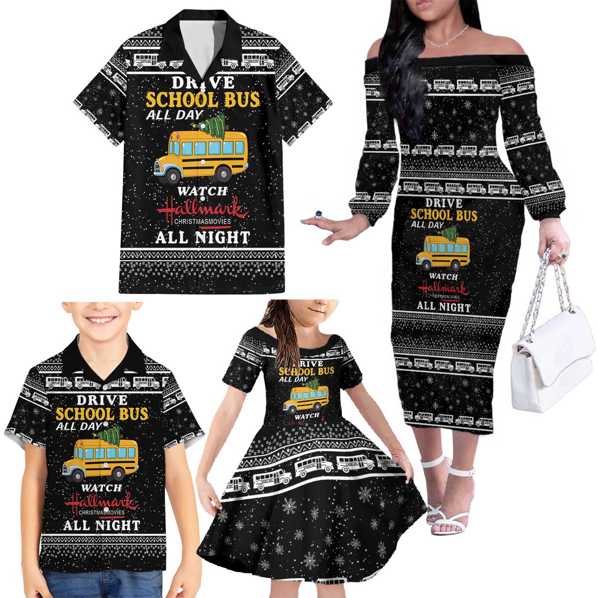 Drive School Bus All Day Family Matching Off The Shoulder Long Sleeve Dress and Hawaiian Shirt Watch Hallmark Christmas Movies All Night DT04 - Wonder Print Shop