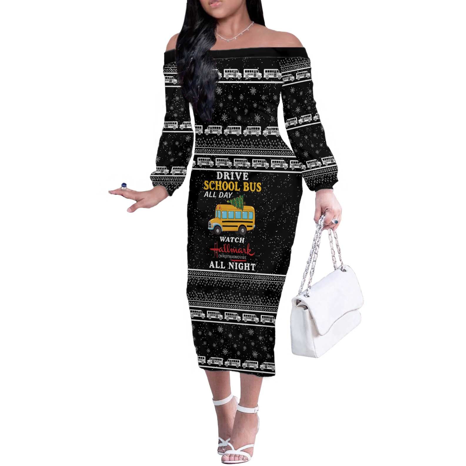 Drive School Bus All Day Off The Shoulder Long Sleeve Dress Watch Hallmark Christmas Movies All Night DT04 - Wonder Print Shop