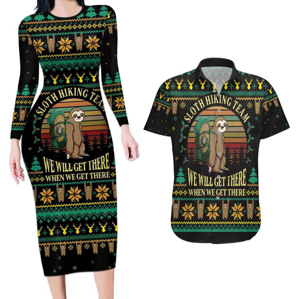 Sloth Team Christmas Holiday Couples Matching Long Sleeve Bodycon Dress and Hawaiian Shirt Sloth Hiking Team DT04 - Wonder Print Shop
