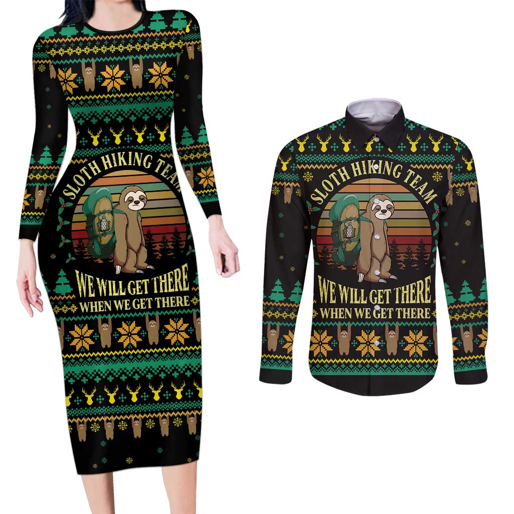 Sloth Team Christmas Holiday Couples Matching Long Sleeve Bodycon Dress and Long Sleeve Button Shirt Sloth Hiking Team DT04 - Wonder Print Shop