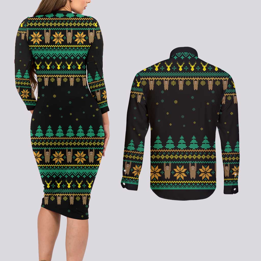 Sloth Team Christmas Holiday Couples Matching Long Sleeve Bodycon Dress and Long Sleeve Button Shirt Sloth Hiking Team DT04 - Wonder Print Shop