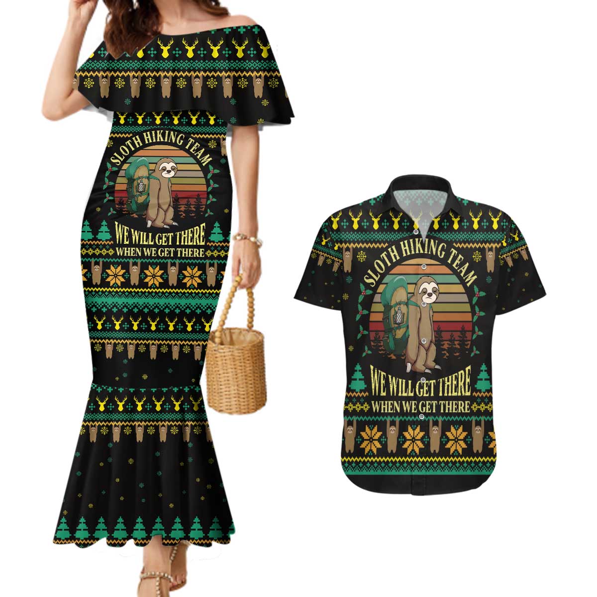 Sloth Team Christmas Holiday Couples Matching Mermaid Dress and Hawaiian Shirt Sloth Hiking Team DT04 - Wonder Print Shop