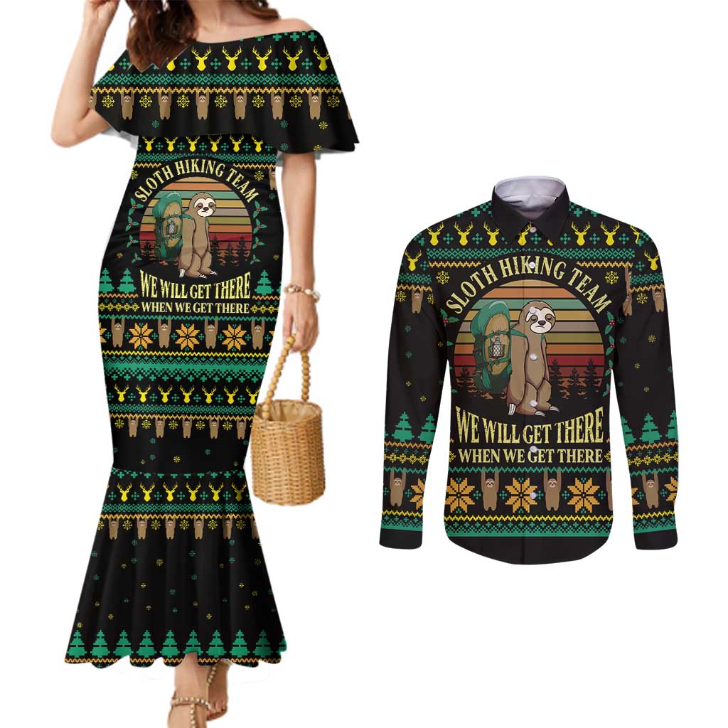Sloth Team Christmas Holiday Couples Matching Mermaid Dress and Long Sleeve Button Shirt Sloth Hiking Team