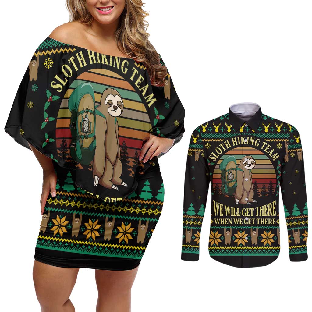 Sloth Team Christmas Holiday Couples Matching Off Shoulder Short Dress and Long Sleeve Button Shirt Sloth Hiking Team DT04 - Wonder Print Shop