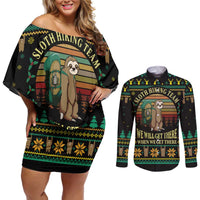 Sloth Team Christmas Holiday Couples Matching Off Shoulder Short Dress and Long Sleeve Button Shirt Sloth Hiking Team DT04 - Wonder Print Shop