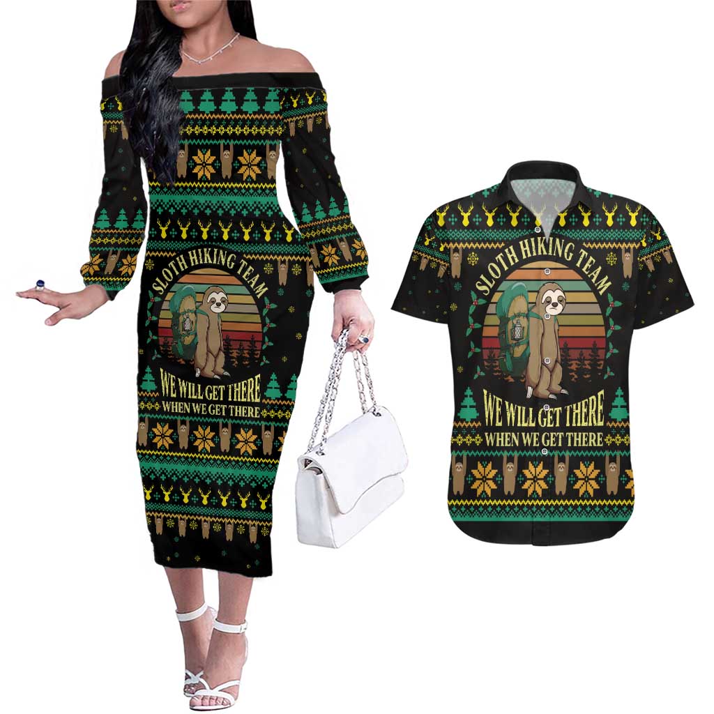 Sloth Team Christmas Holiday Couples Matching Off The Shoulder Long Sleeve Dress and Hawaiian Shirt Sloth Hiking Team DT04 - Wonder Print Shop