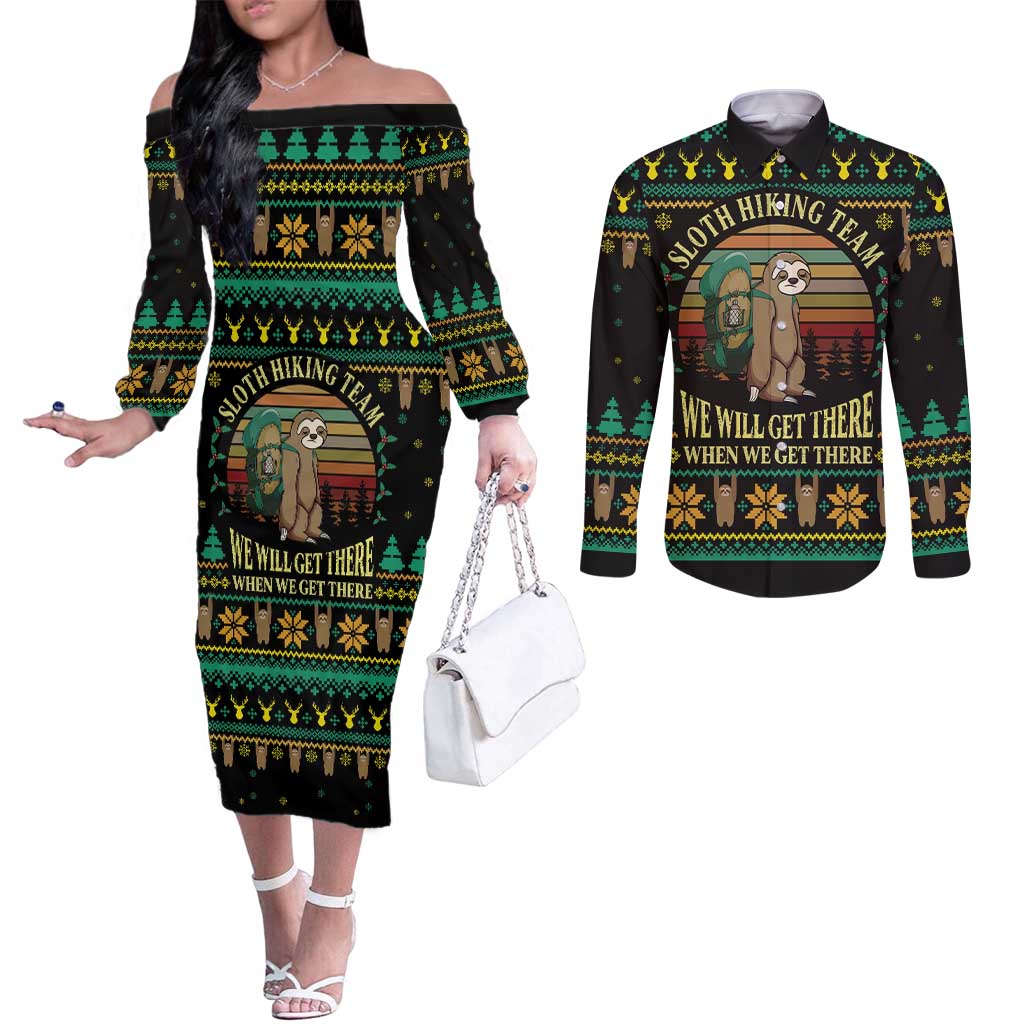 Sloth Team Christmas Holiday Couples Matching Off The Shoulder Long Sleeve Dress and Long Sleeve Button Shirt Sloth Hiking Team