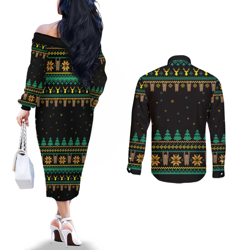 Sloth Team Christmas Holiday Couples Matching Off The Shoulder Long Sleeve Dress and Long Sleeve Button Shirt Sloth Hiking Team