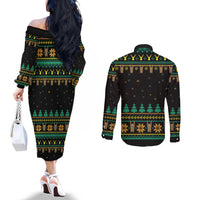 Sloth Team Christmas Holiday Couples Matching Off The Shoulder Long Sleeve Dress and Long Sleeve Button Shirt Sloth Hiking Team