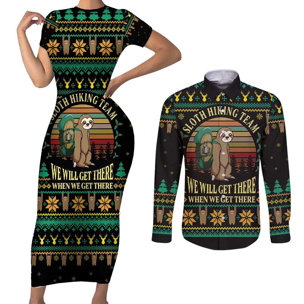 Sloth Team Christmas Holiday Couples Matching Short Sleeve Bodycon Dress and Long Sleeve Button Shirt Sloth Hiking Team DT04 - Wonder Print Shop