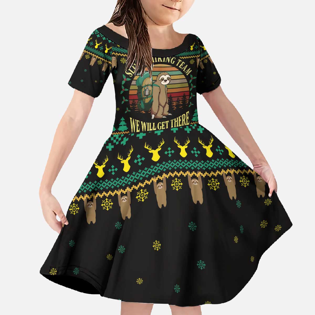 Sloth Team Christmas Holiday Family Matching Off The Shoulder Long Sleeve Dress and Hawaiian Shirt Sloth Hiking Team DT04 - Wonder Print Shop