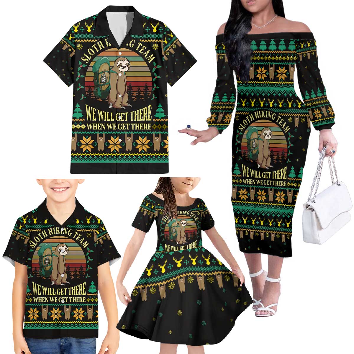 Sloth Team Christmas Holiday Family Matching Off The Shoulder Long Sleeve Dress and Hawaiian Shirt Sloth Hiking Team DT04 - Wonder Print Shop