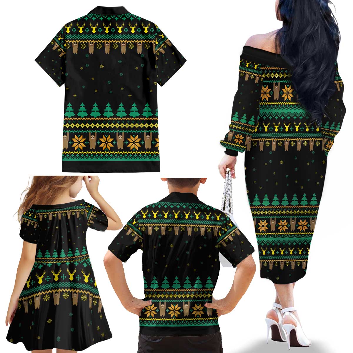 Sloth Team Christmas Holiday Family Matching Off The Shoulder Long Sleeve Dress and Hawaiian Shirt Sloth Hiking Team DT04 - Wonder Print Shop
