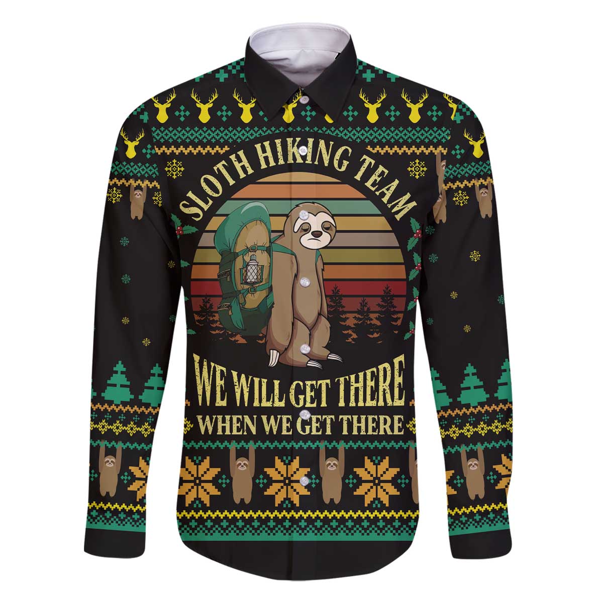 Sloth Team Christmas Holiday Family Matching Off The Shoulder Long Sleeve Dress and Hawaiian Shirt Sloth Hiking Team DT04 - Wonder Print Shop