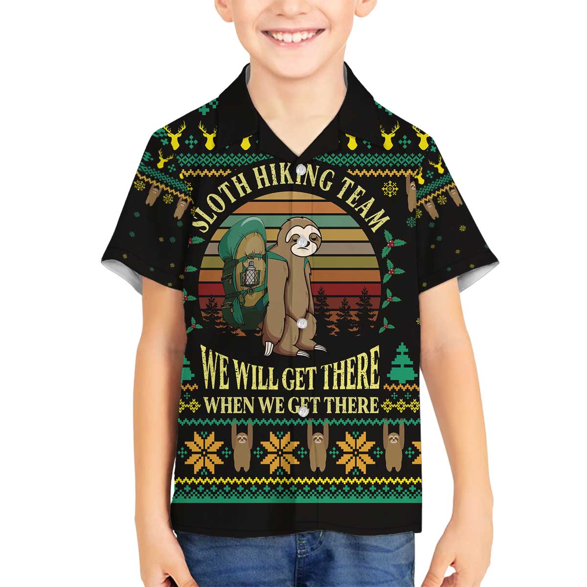 Sloth Team Christmas Holiday Family Matching Off The Shoulder Long Sleeve Dress and Hawaiian Shirt Sloth Hiking Team DT04 - Wonder Print Shop
