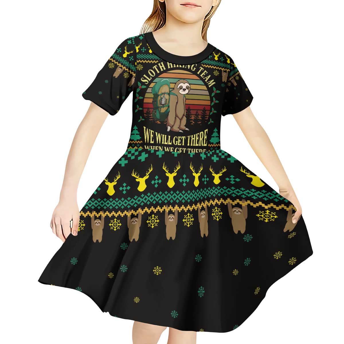 Sloth Team Christmas Holiday Kid Short Sleeve Dress Sloth Hiking Team DT04 - Wonder Print Shop