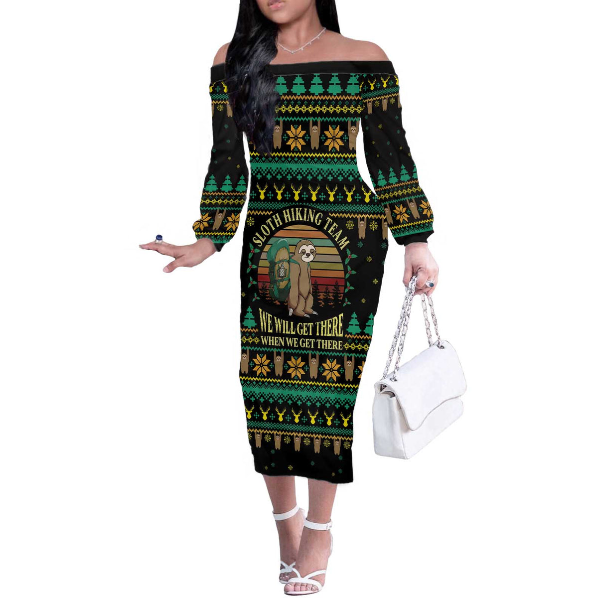 Sloth Team Christmas Holiday Off The Shoulder Long Sleeve Dress Sloth Hiking Team DT04 - Wonder Print Shop