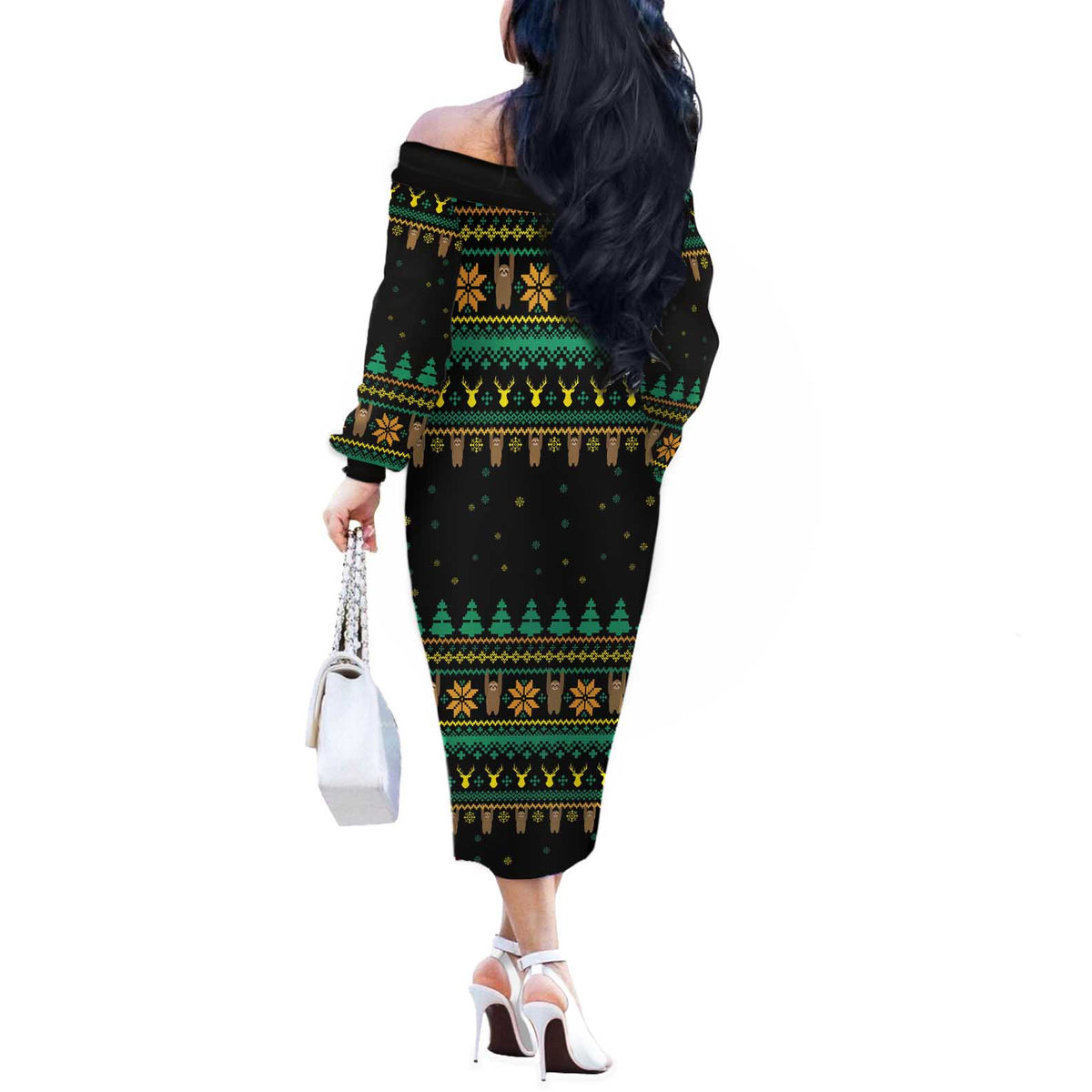 Sloth Team Christmas Holiday Off The Shoulder Long Sleeve Dress Sloth Hiking Team DT04 - Wonder Print Shop