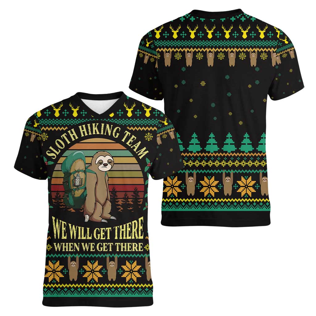 Sloth Team Christmas Holiday Women V-Neck T-Shirt Sloth Hiking Team DT04 - Wonder Print Shop