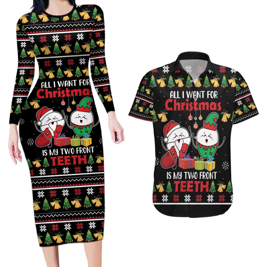 All I Want For Christmas Is My Two Front Teeth Couples Matching Long Sleeve Bodycon Dress and Hawaiian Shirt DT04 - Wonder Print Shop