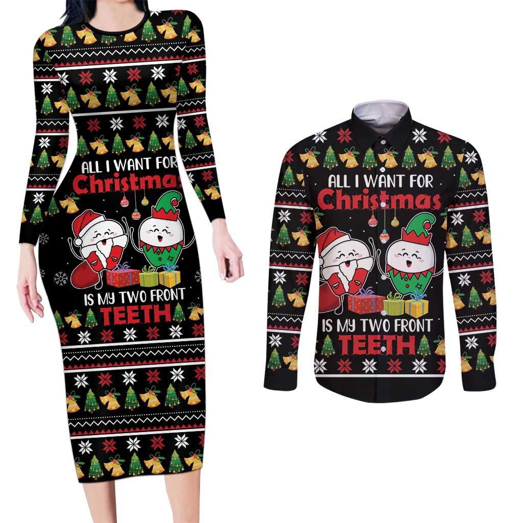 All I Want For Christmas Is My Two Front Teeth Couples Matching Long Sleeve Bodycon Dress and Long Sleeve Button Shirt DT04 - Wonder Print Shop