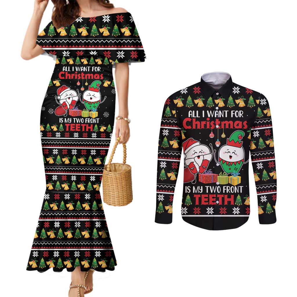 All I Want For Christmas Is My Two Front Teeth Couples Matching Mermaid Dress and Long Sleeve Button Shirt
