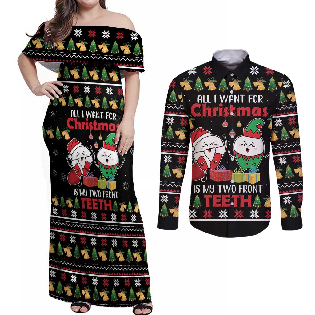 All I Want For Christmas Is My Two Front Teeth Couples Matching Off Shoulder Maxi Dress and Long Sleeve Button Shirt DT04 - Wonder Print Shop