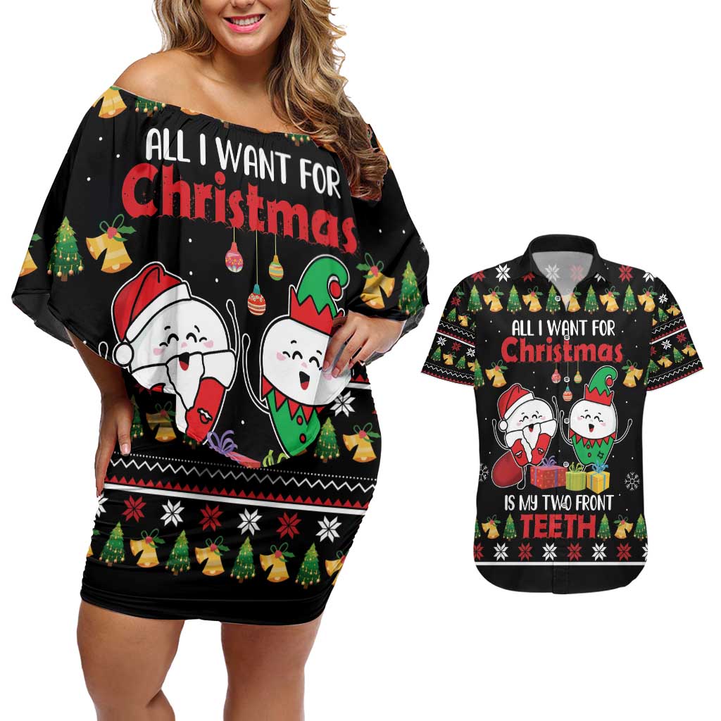 All I Want For Christmas Is My Two Front Teeth Couples Matching Off Shoulder Short Dress and Hawaiian Shirt DT04 - Wonder Print Shop