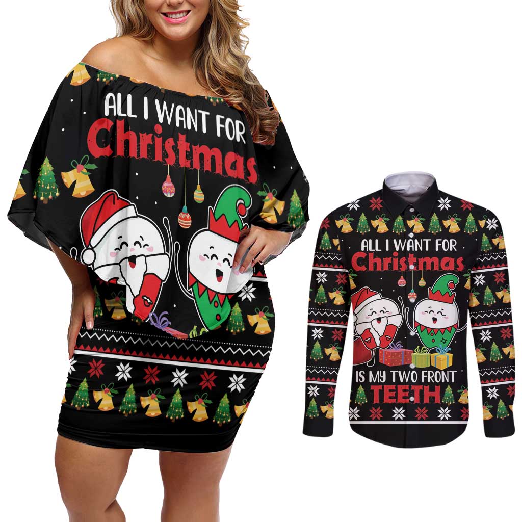 All I Want For Christmas Is My Two Front Teeth Couples Matching Off Shoulder Short Dress and Long Sleeve Button Shirt DT04 - Wonder Print Shop