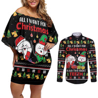 All I Want For Christmas Is My Two Front Teeth Couples Matching Off Shoulder Short Dress and Long Sleeve Button Shirt DT04 - Wonder Print Shop