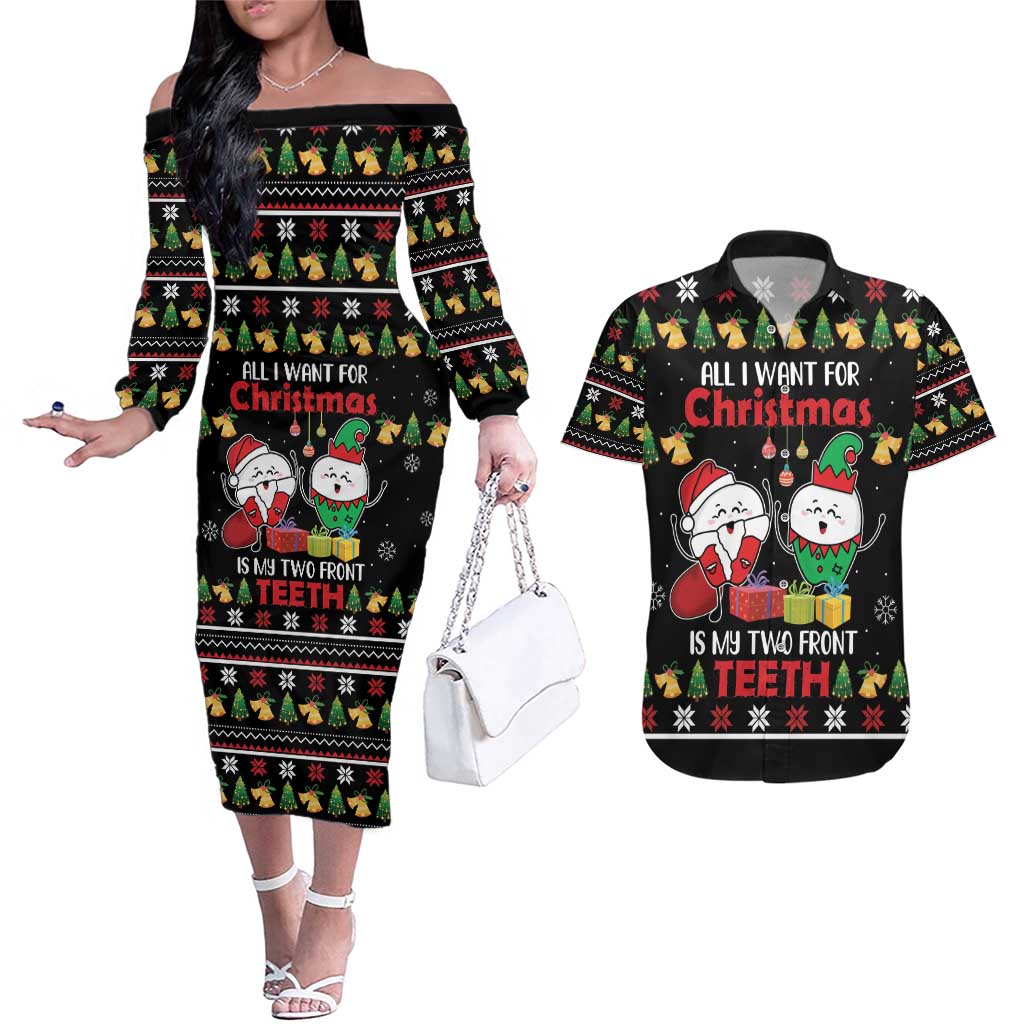 All I Want For Christmas Is My Two Front Teeth Couples Matching Off The Shoulder Long Sleeve Dress and Hawaiian Shirt DT04 - Wonder Print Shop