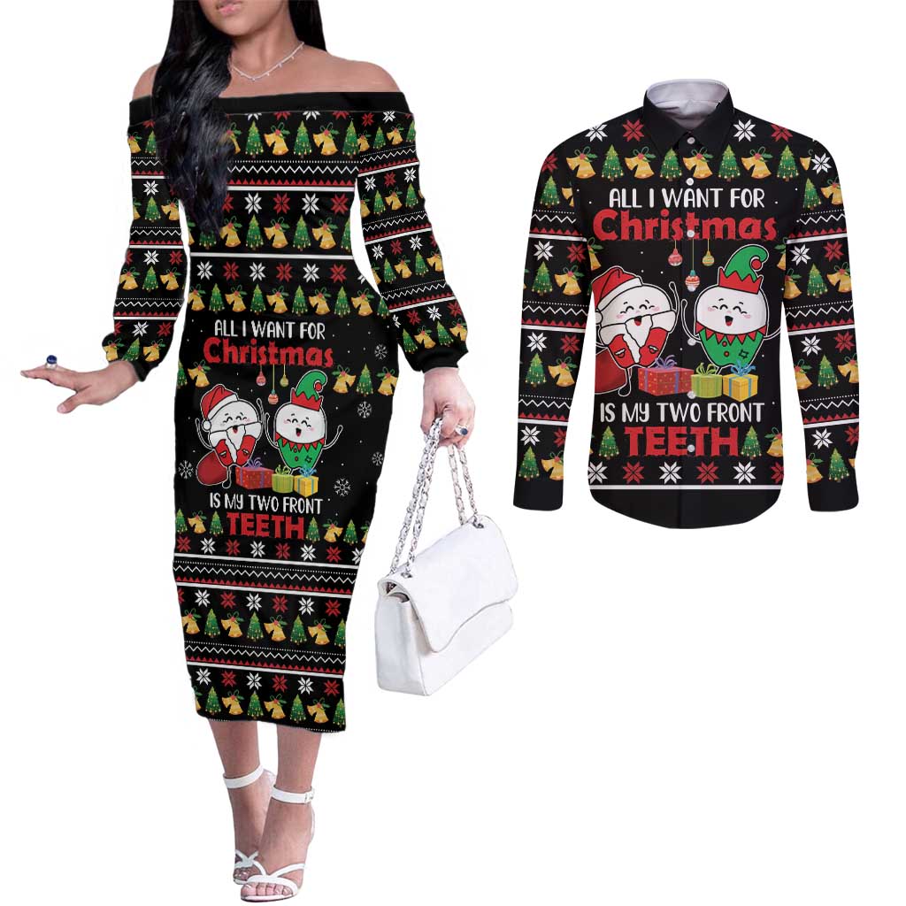All I Want For Christmas Is My Two Front Teeth Couples Matching Off The Shoulder Long Sleeve Dress and Long Sleeve Button Shirt