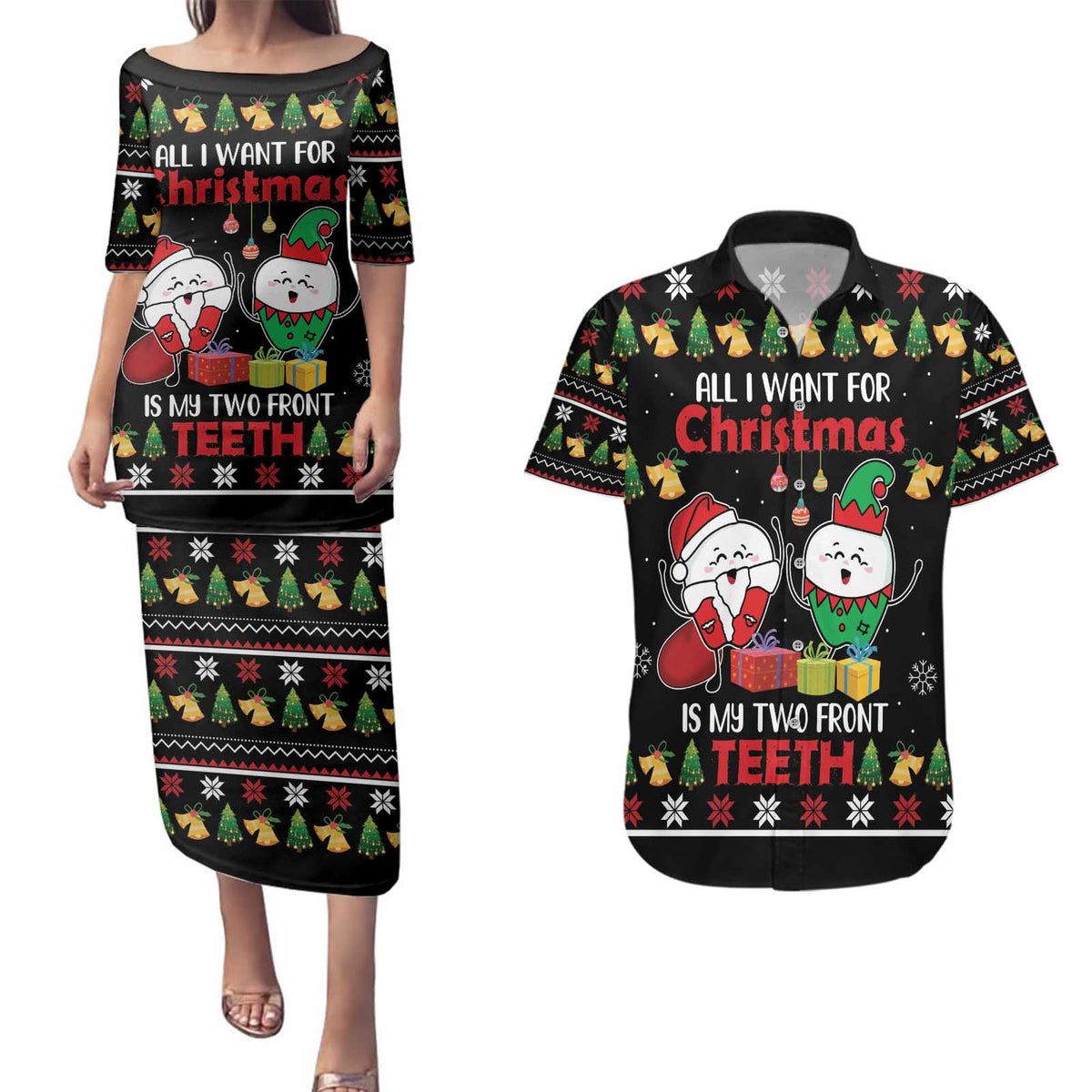 All I Want For Christmas Is My Two Front Teeth Couples Matching Puletasi and Hawaiian Shirt DT04 - Wonder Print Shop