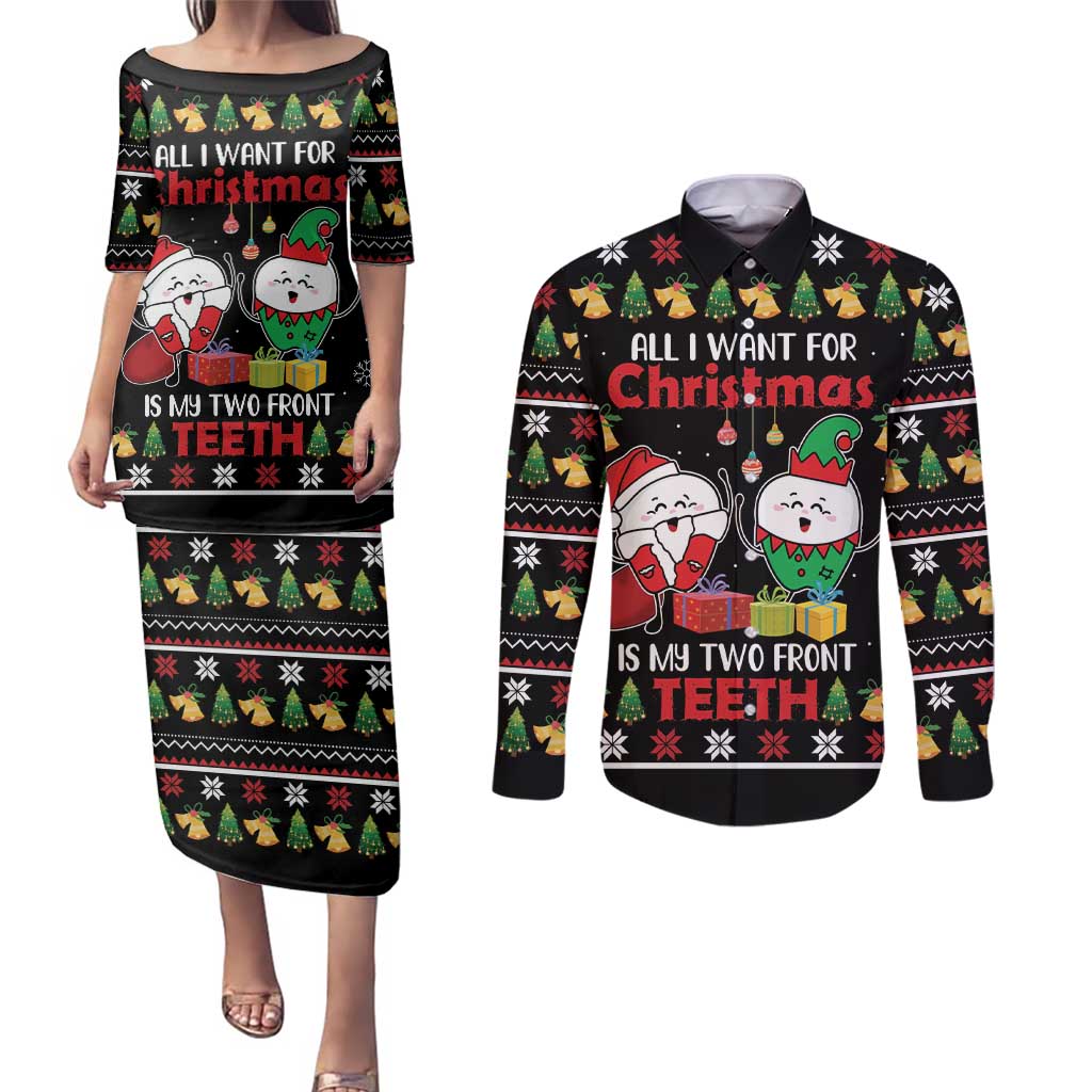All I Want For Christmas Is My Two Front Teeth Couples Matching Puletasi and Long Sleeve Button Shirt DT04 - Wonder Print Shop