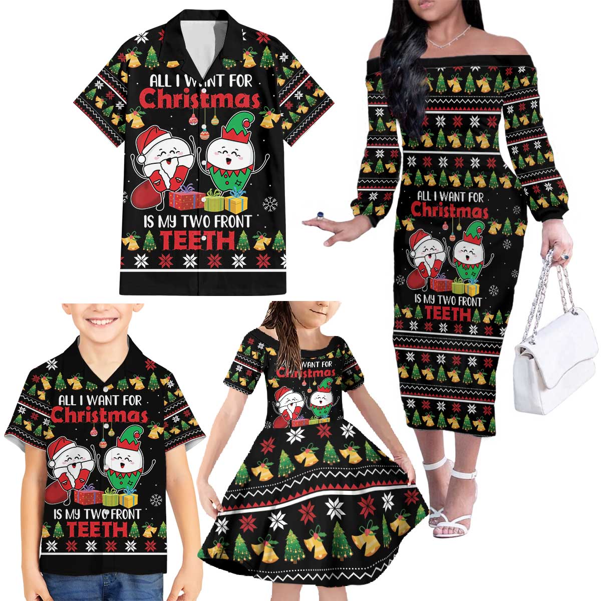 All I Want For Christmas Is My Two Front Teeth Family Matching Off The Shoulder Long Sleeve Dress and Hawaiian Shirt DT04 - Wonder Print Shop