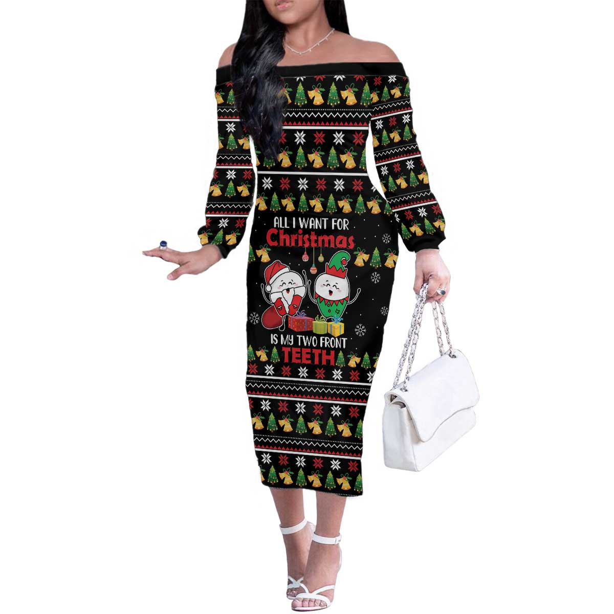 All I Want For Christmas Is My Two Front Teeth Family Matching Off The Shoulder Long Sleeve Dress and Hawaiian Shirt DT04 - Wonder Print Shop