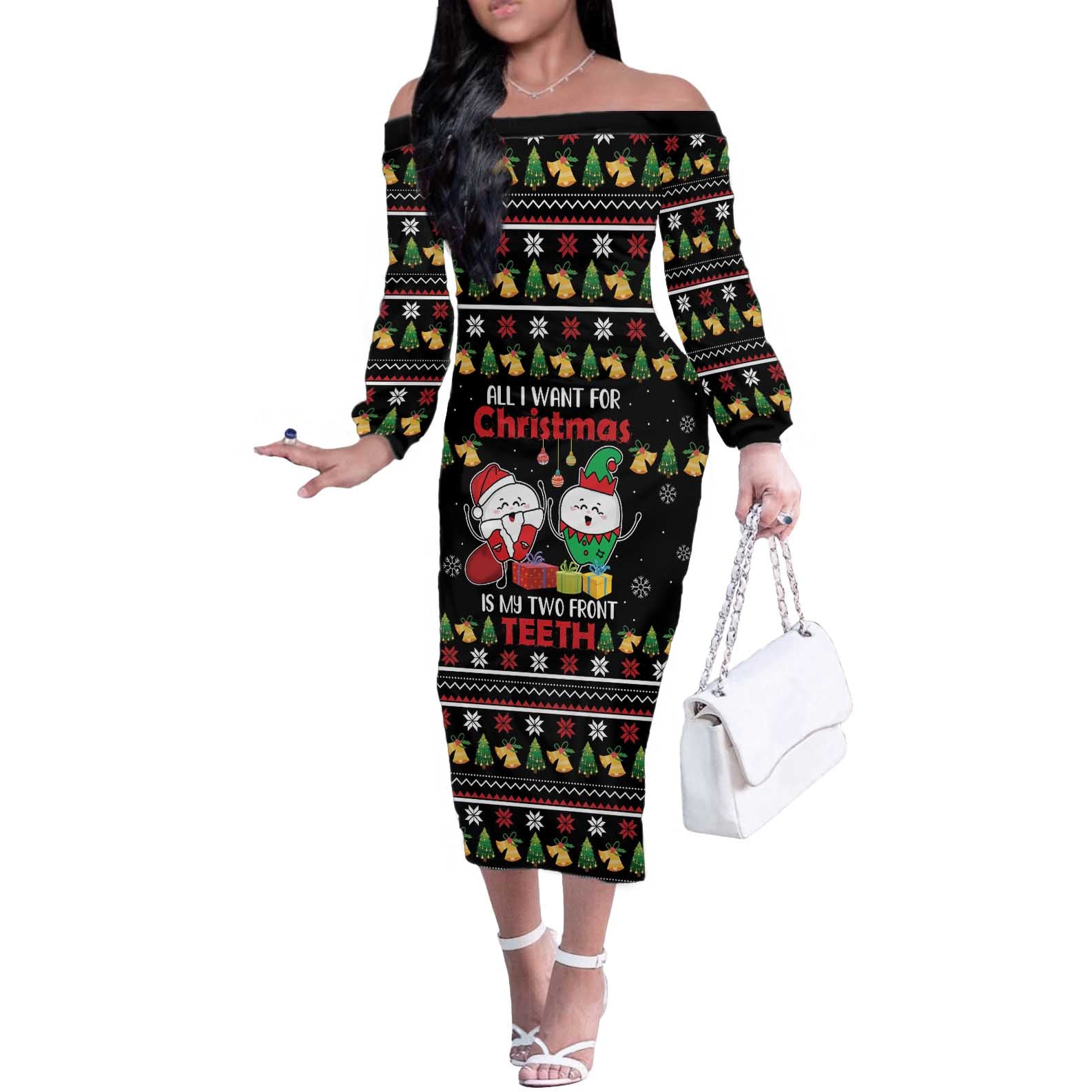 All I Want For Christmas Is My Two Front Teeth Off The Shoulder Long Sleeve Dress DT04 - Wonder Print Shop