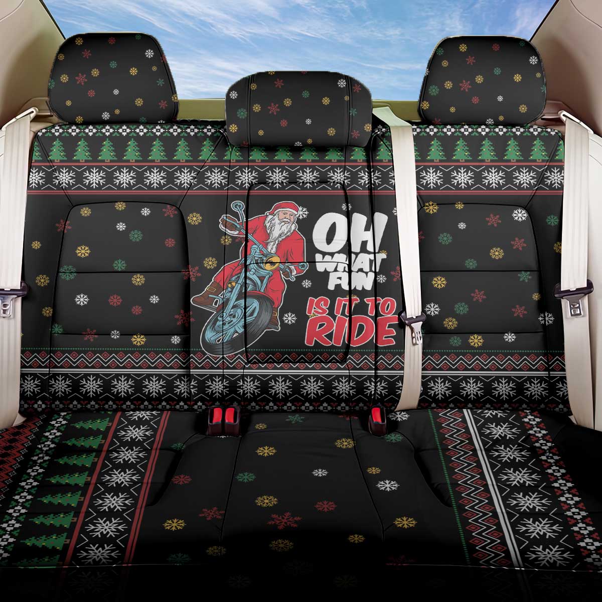Santa And Motor Back Car Seat Cover Santa Claus And Joy On A Motorcycle DT04 - Wonder Print Shop