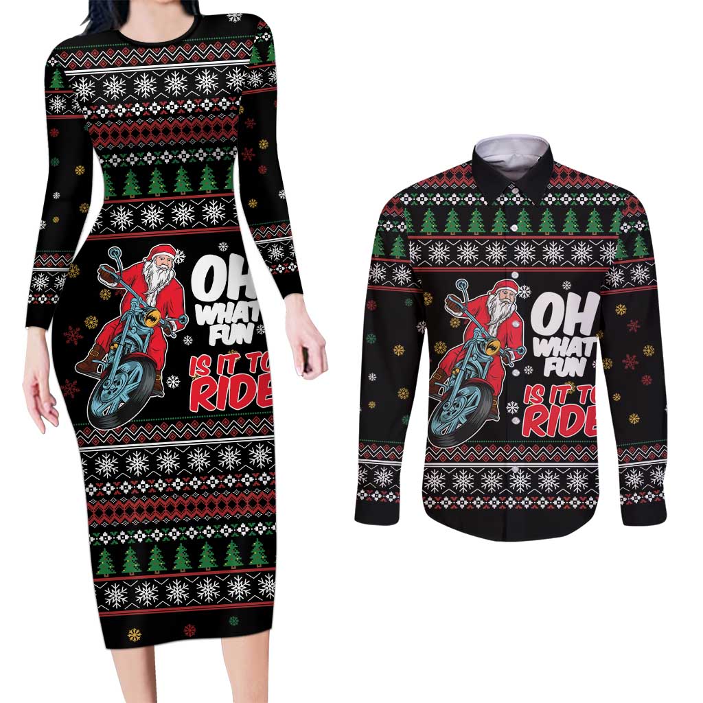 Santa And Motor Couples Matching Long Sleeve Bodycon Dress and Long Sleeve Button Shirt Santa Claus And Joy On A Motorcycle DT04 - Wonder Print Shop