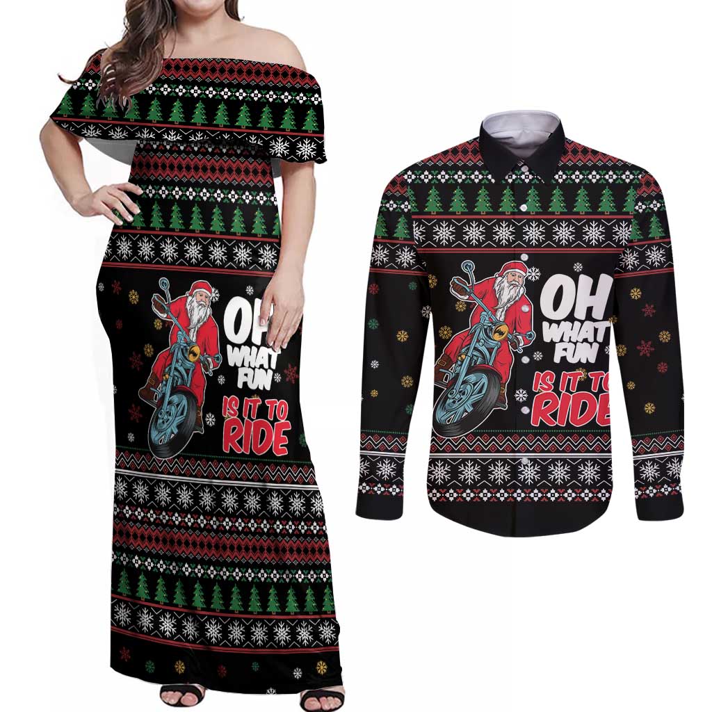 Santa And Motor Couples Matching Off Shoulder Maxi Dress and Long Sleeve Button Shirt Santa Claus And Joy On A Motorcycle DT04 - Wonder Print Shop