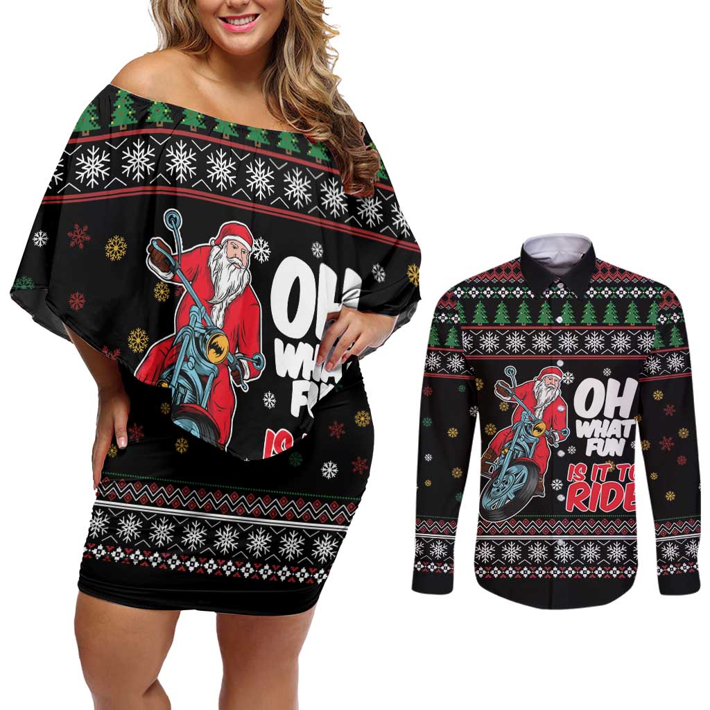 Santa And Motor Couples Matching Off Shoulder Short Dress and Long Sleeve Button Shirt Santa Claus And Joy On A Motorcycle DT04 - Wonder Print Shop